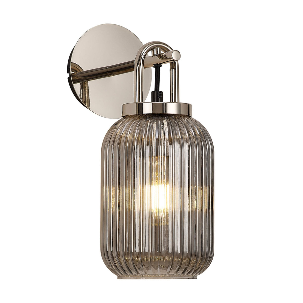 Atherington Wall Light in Polished Nickel with Smoked Ribbed Glass Shade