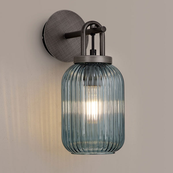 Atherington Wall Light in Aged Pewter with Petrol Blue Ribbed Glass Shade