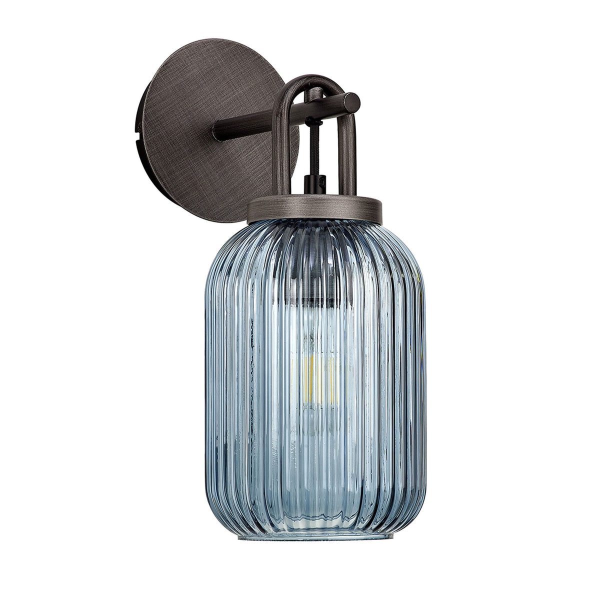 Atherington Wall Light in Aged Pewter with Petrol Blue Ribbed Glass Shade