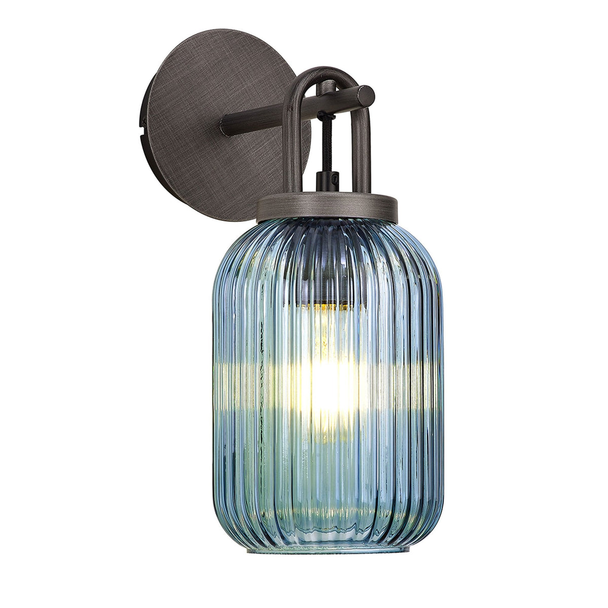 Atherington Wall Light in Aged Pewter with Petrol Blue Ribbed Glass Shade