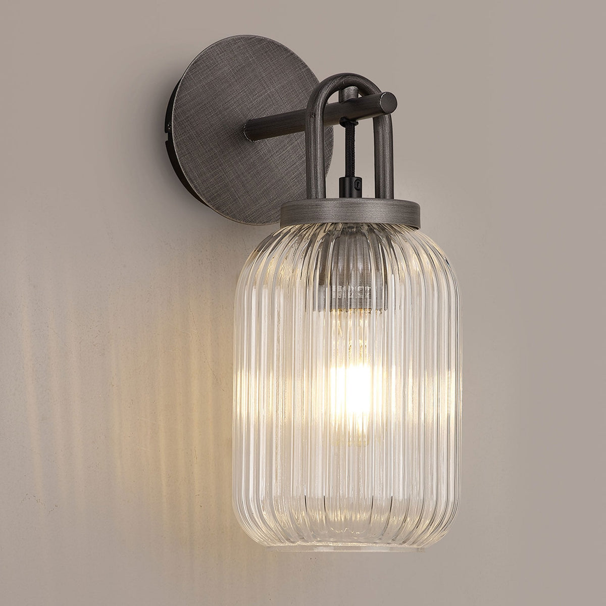 Atherington Wall Light in Aged Pewter with Clear Ribbed Glass Shade