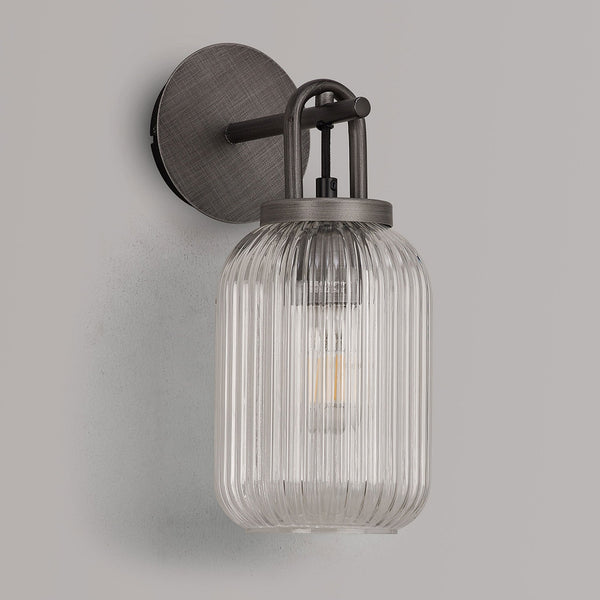 Atherington Wall Light in Aged Pewter with Clear Ribbed Glass Shade