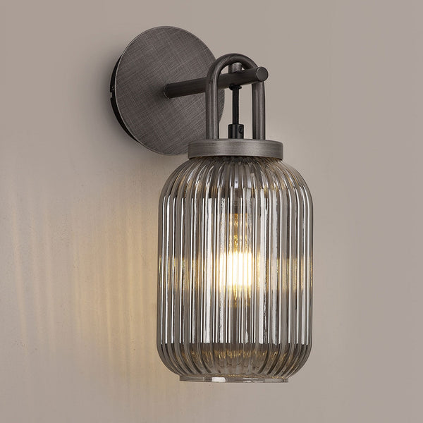 Atherington Wall Light in Aged Pewter with Smoked Ribbed Glass Shade