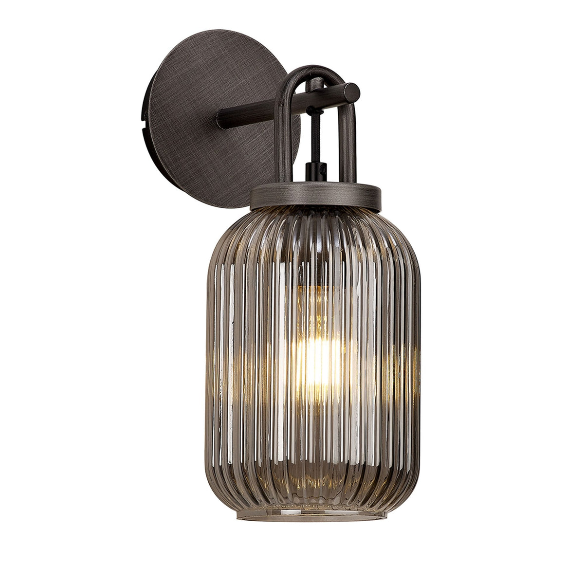 Atherington Wall Light in Aged Pewter with Smoked Ribbed Glass Shade