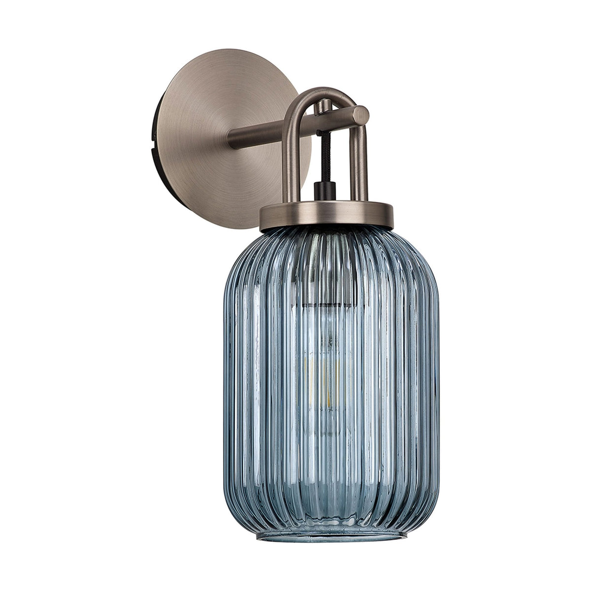 Atherington Wall Light in Antique Silver with Petrol Blue Ribbed Glass Shade