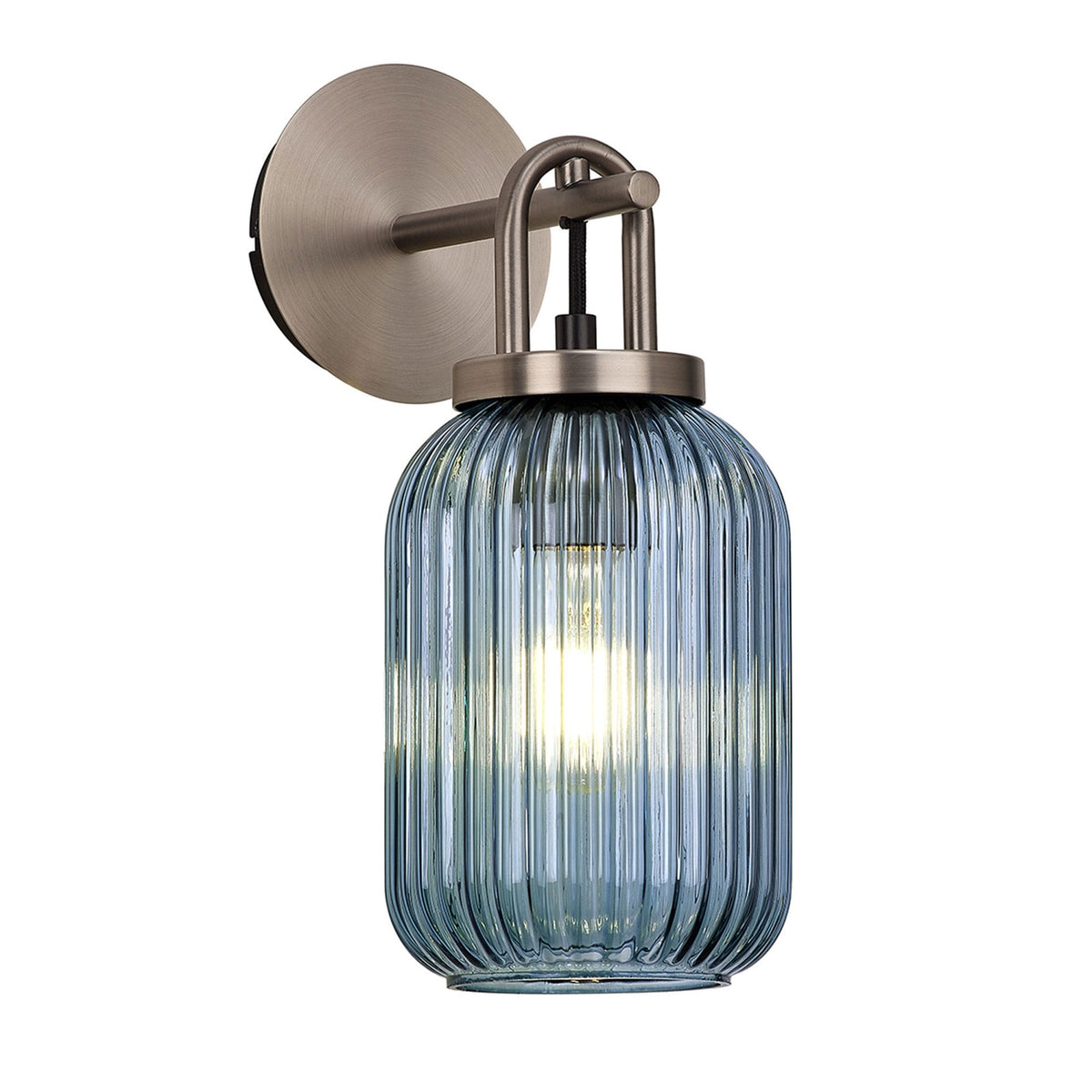 Atherington Wall Light in Antique Silver with Petrol Blue Ribbed Glass Shade