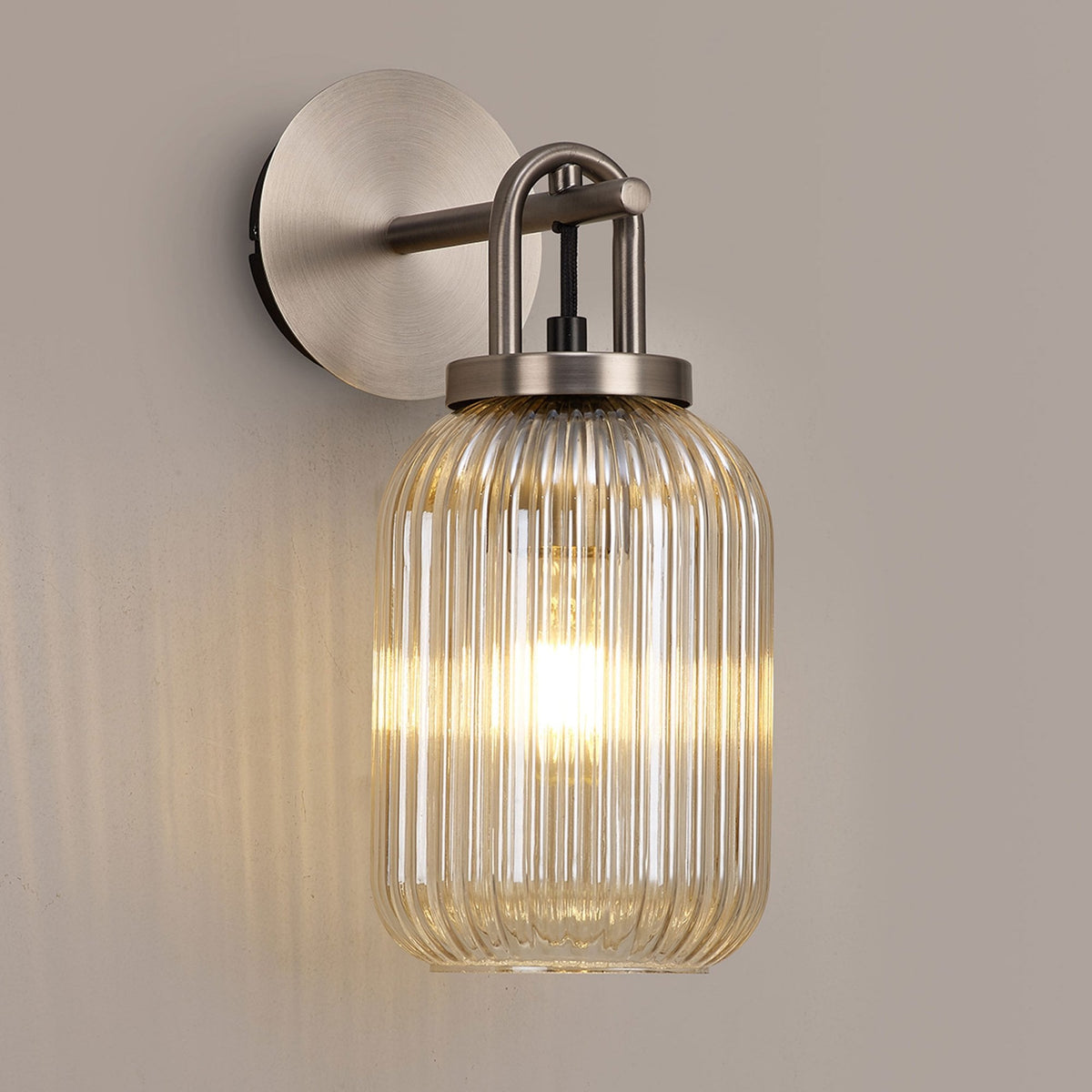 Atherington Wall Light in Antique Silver with Champagne Ribbed Glass Shade
