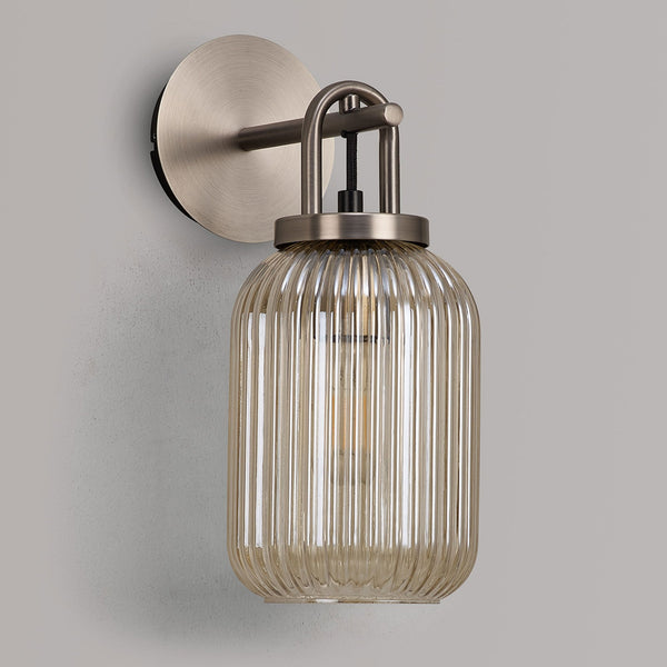 Atherington Wall Light in Antique Silver with Champagne Ribbed Glass Shade