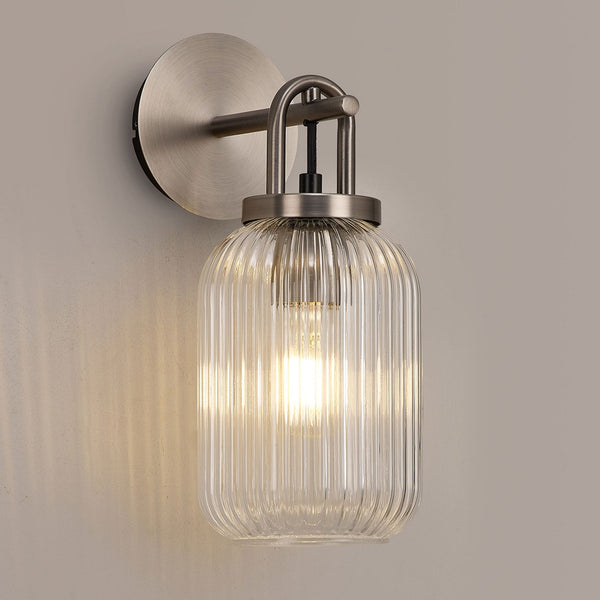 Atherington Wall Light in Antique Silver with Clear Ribbed Glass Shade