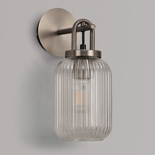 Atherington Wall Light in Antique Silver with Clear Ribbed Glass Shade