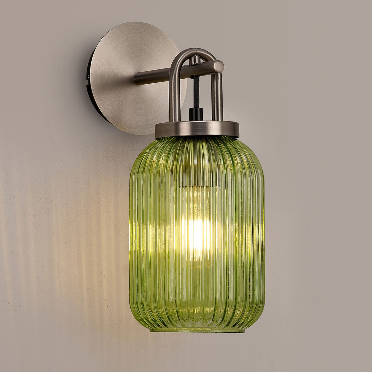 Atherington Wall Light in Antique Silver with Green Ribbed Glass Shade