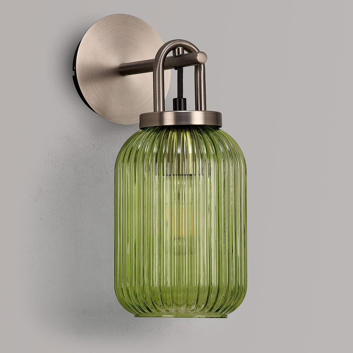 Atherington Wall Light in Antique Silver with Green Ribbed Glass Shade