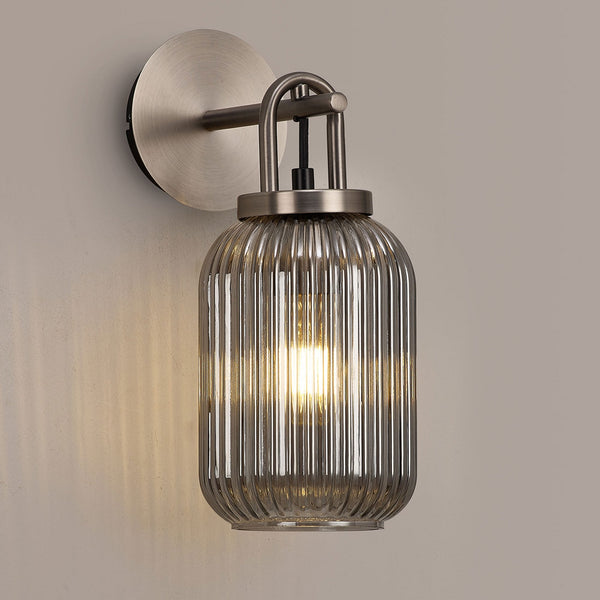 Atherington Wall Light in Antique Silver with Smoked Ribbed Glass Shade
