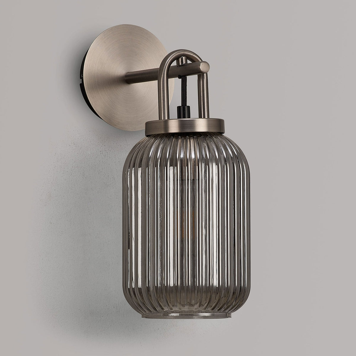 Atherington Wall Light in Antique Silver with Smoked Ribbed Glass Shade