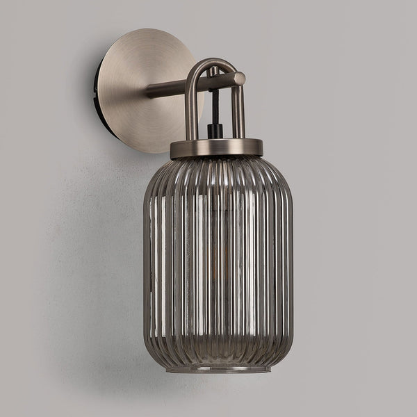 Atherington Wall Light in Antique Silver with Smoked Ribbed Glass Shade