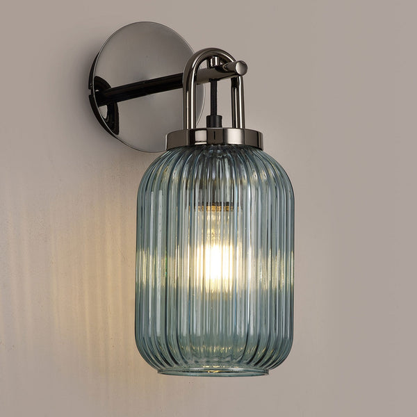 Atherington Wall Light in Black Chrome with Petrol Blue Ribbed Glass Shade