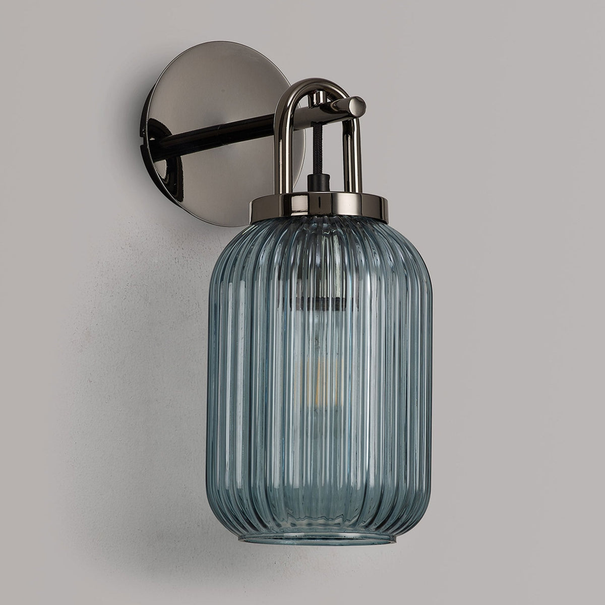 Atherington Wall Light in Black Chrome with Petrol Blue Ribbed Glass Shade