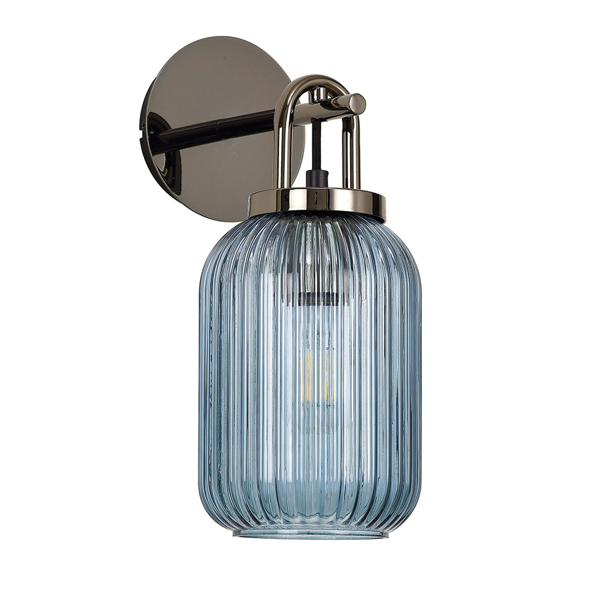 Atherington Wall Light in Black Chrome with Petrol Blue Ribbed Glass Shade