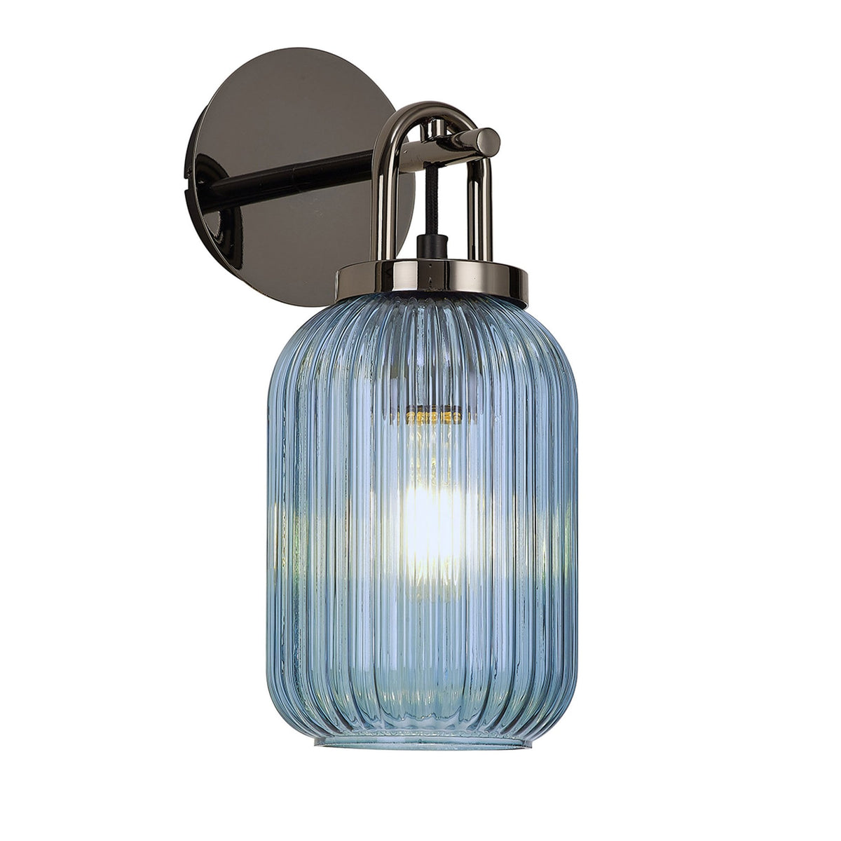 Atherington Wall Light in Black Chrome with Petrol Blue Ribbed Glass Shade
