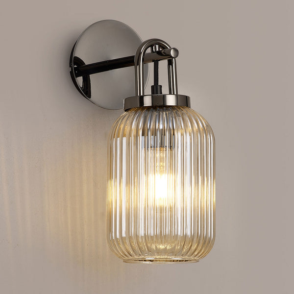 Atherington Wall Light in Black Chrome with Champagne Ribbed Glass Shade