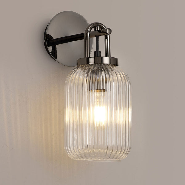 Atherington Wall Light in Black Chrome with Clear Ribbed Glass Shade