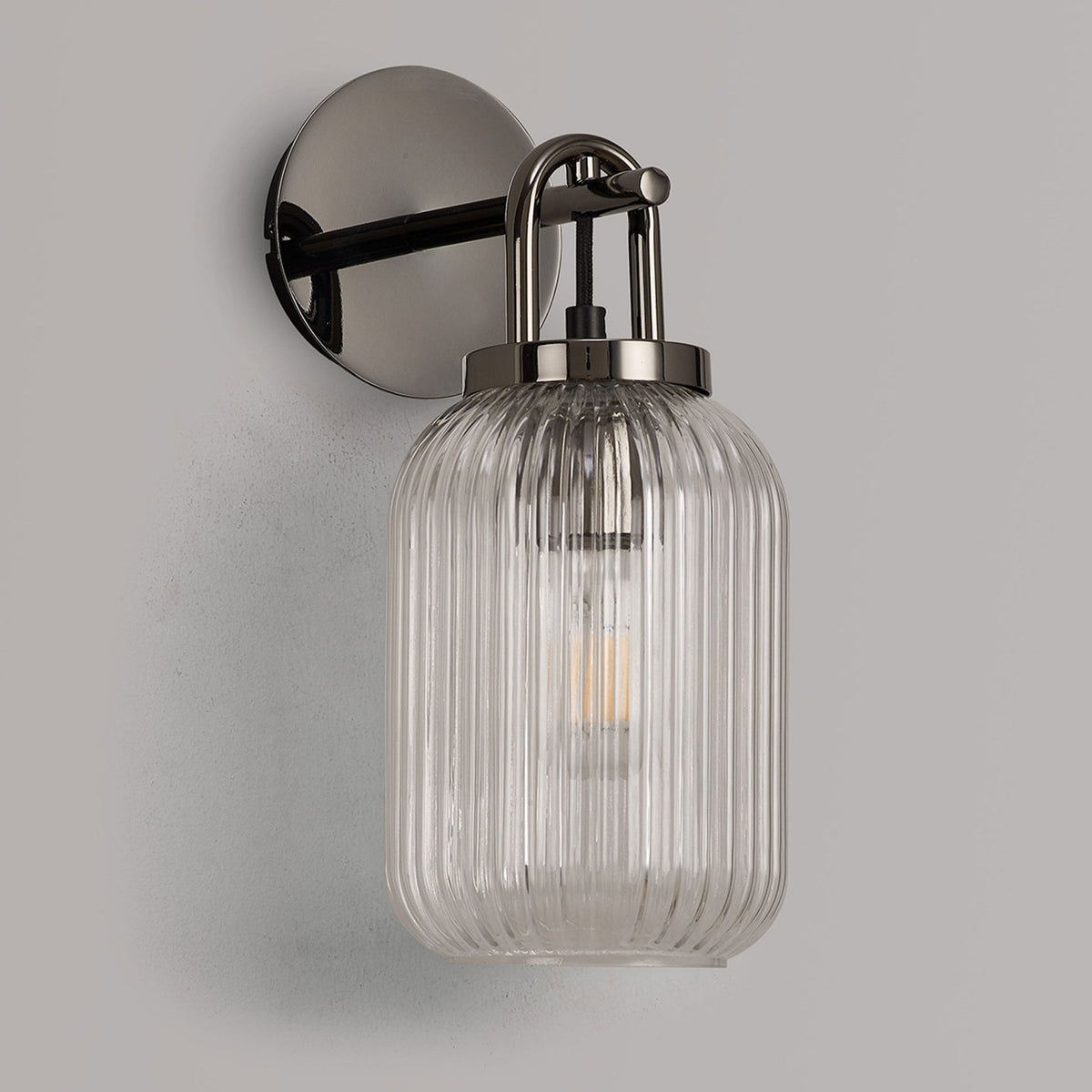 Atherington Wall Light in Black Chrome with Clear Ribbed Glass Shade