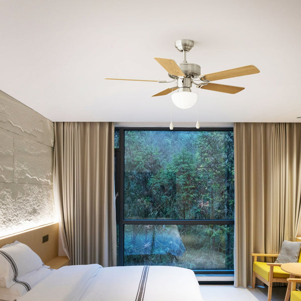 Cadiz Ceiling Fan & Light in Satin Nickel with Reversible MDF Silver-Coloured or Oak-Coloured Blades