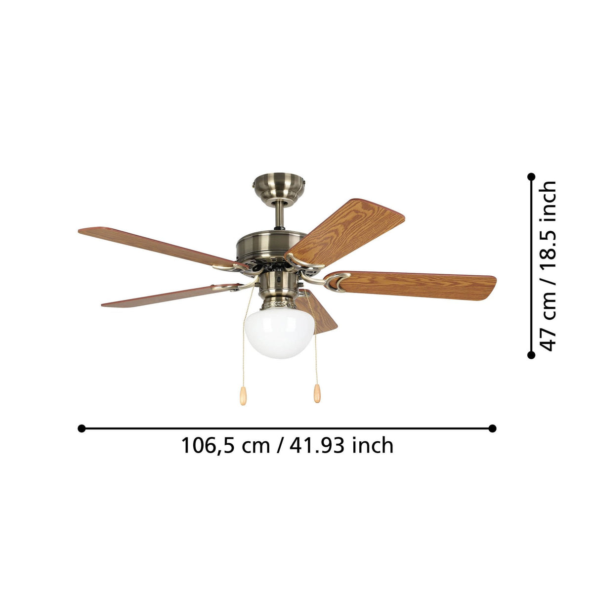 Cadiz Ceiling Fan & Light in Aged Brass with Reversible MDF Walnut-Coloured or Oak-Coloured Blades