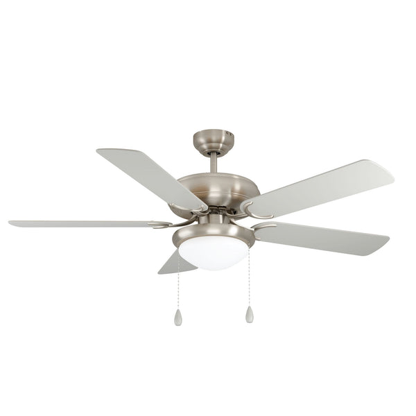 Ballina Ceiling Fan & Light in Satin Nickel with Reversible Plywood Silver-Coloured or Oak-Coloured Blades
