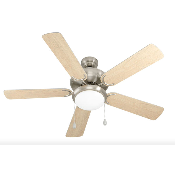 Ballina Ceiling Fan & Light in Satin Nickel with Reversible Plywood Silver-Coloured or Oak-Coloured Blades