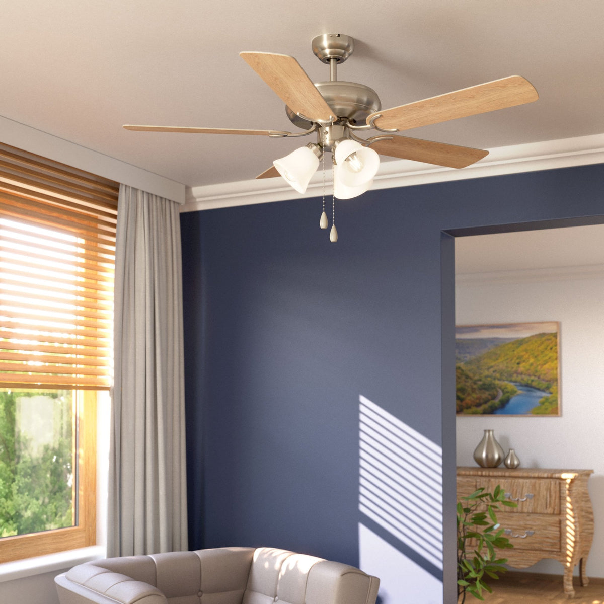 Las Palmas Ceiling Fan & Light in Satin Nickel with Reversible Laminate Wood White or Oak-Coloured Blades