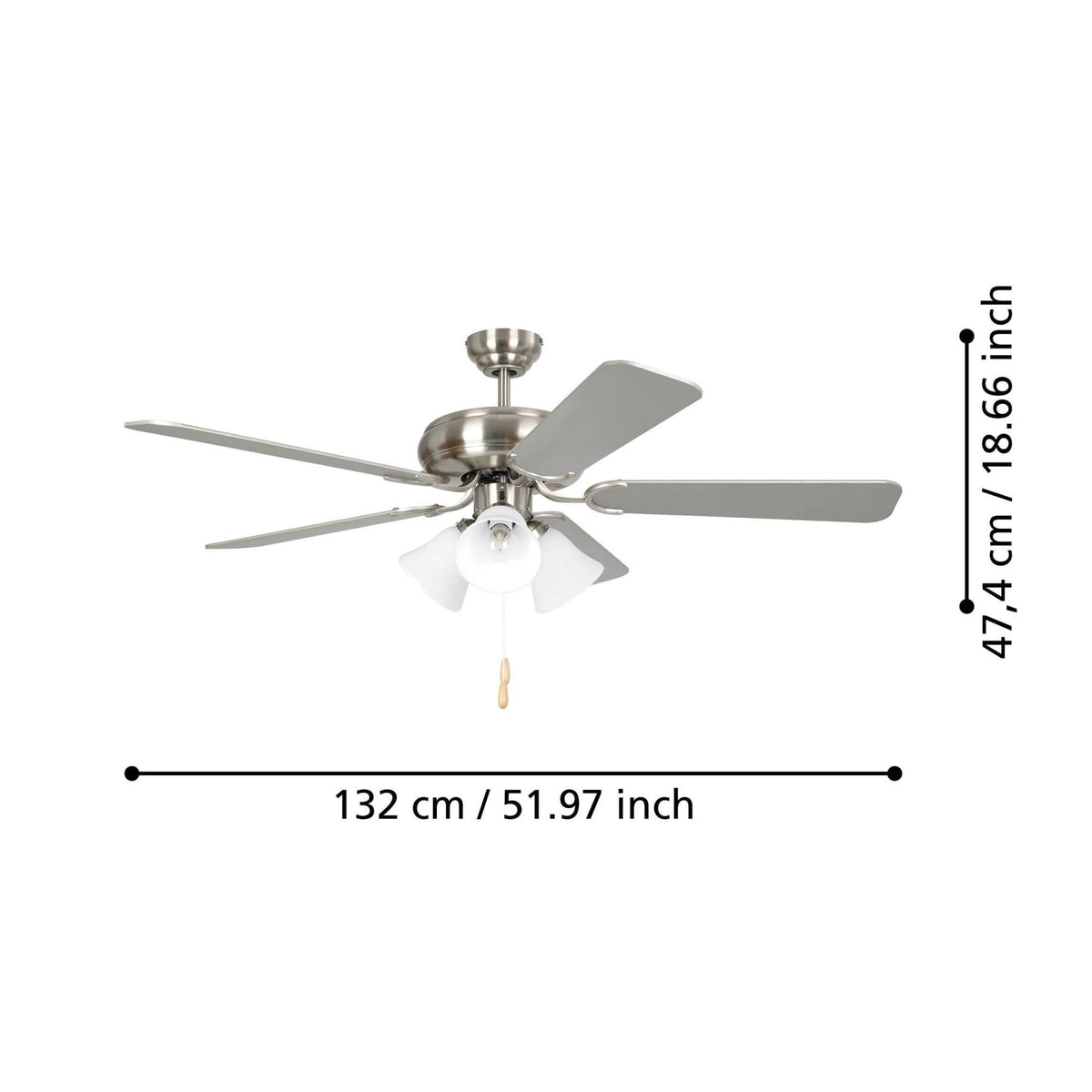 Las Palmas Ceiling Fan & Light in Satin Nickel with Reversible Laminate Wood White or Oak-Coloured Blades