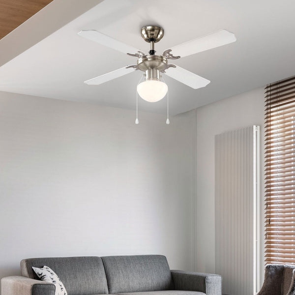 Feldkirch Ceiling Fan & Light in Satin Nickel with Reversible Wood or White Coloured Blades