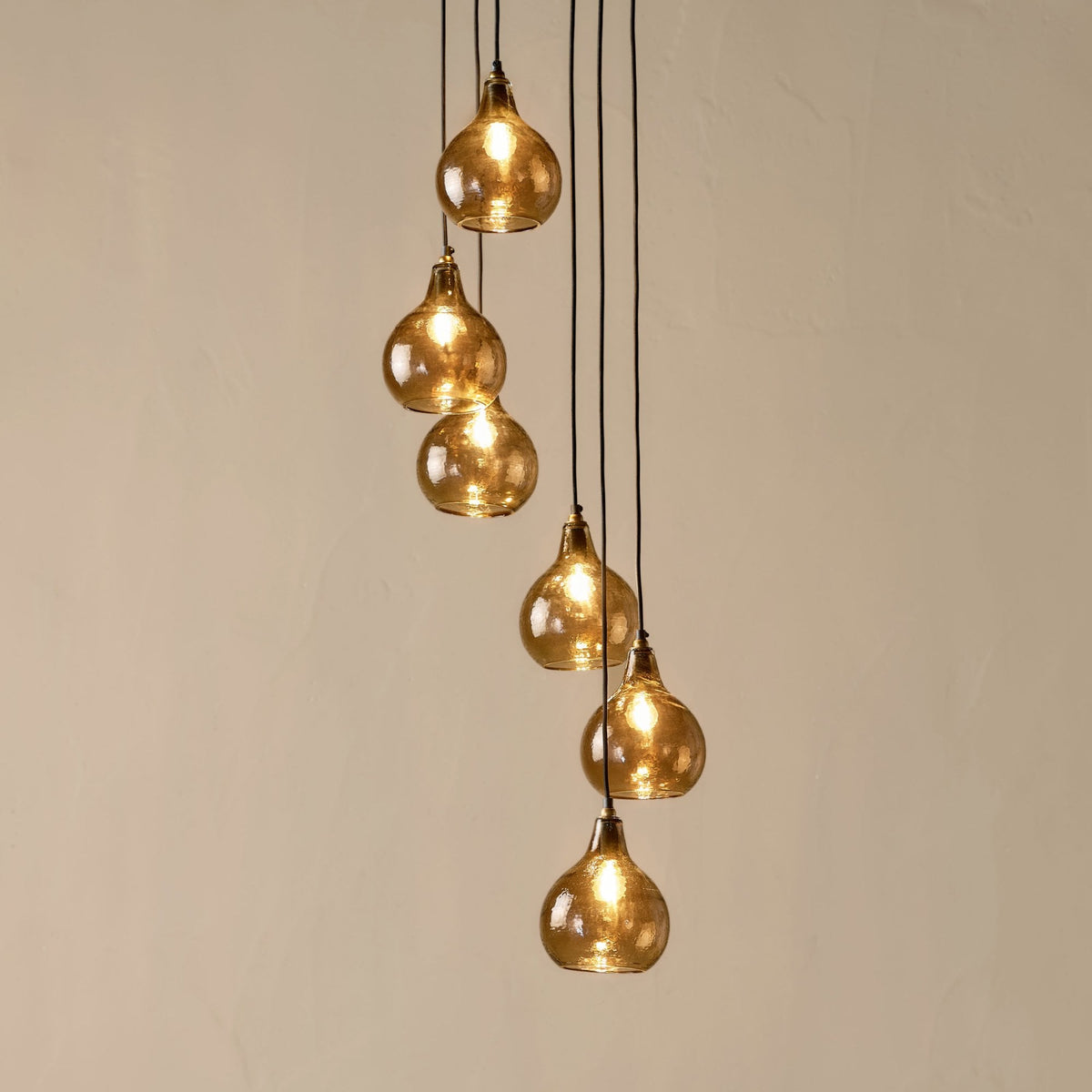 Ziva Statement Six Drop Recycled Glass Cluster Pendant in Aged Brass with Light Smoke Brown Glass Shades