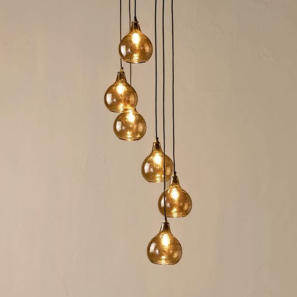 Ziva Statement Six Drop Recycled Glass Cluster Pendant in Aged Brass with Light Smoke Brown Glass Shades