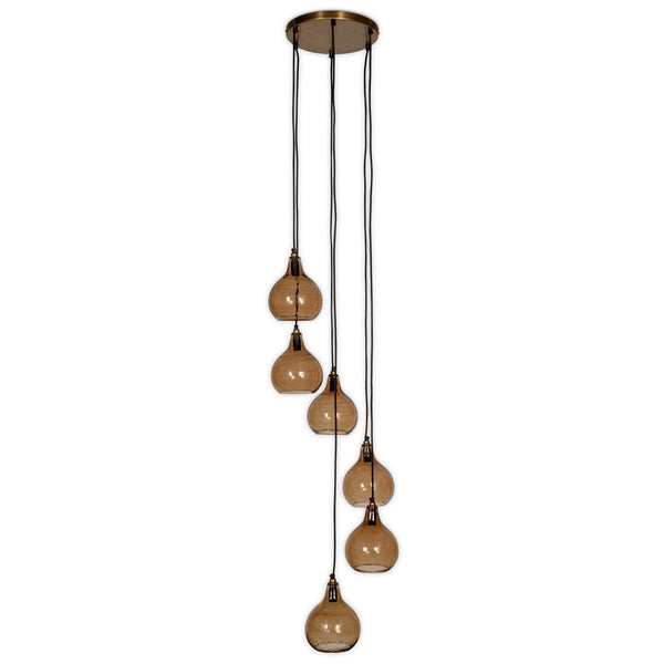 Ziva Statement Six Drop Recycled Glass Cluster Pendant in Aged Brass with Light Smoke Brown Glass Shades