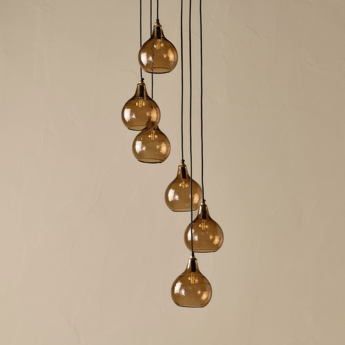 Ziva Statement Six Drop Recycled Glass Cluster Pendant in Aged Brass with Light Smoke Brown Glass Shades