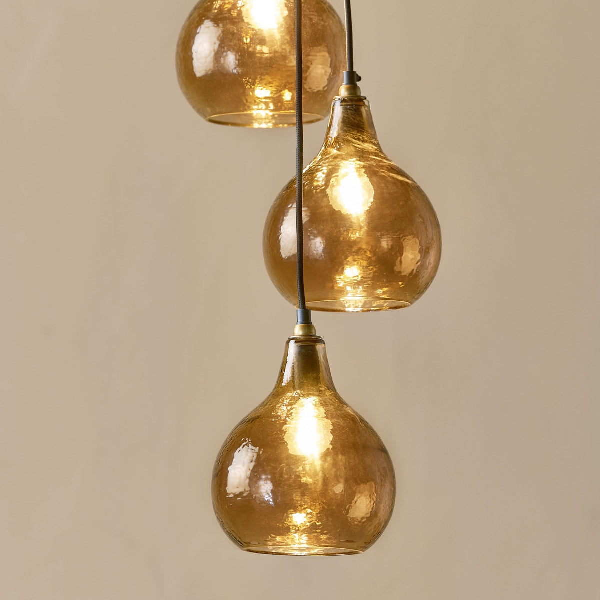Ziva Statement Six Drop Recycled Glass Cluster Pendant in Aged Brass with Light Smoke Brown Glass Shades