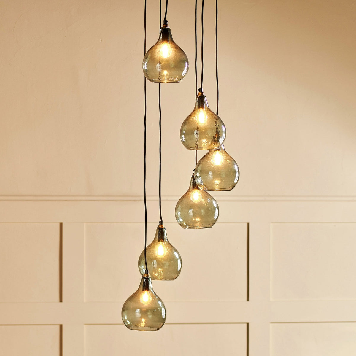 Ziva Statement Six Drop Recycled Glass Cluster Pendant in Aged Brass with Light Smoke Green Glass Shades