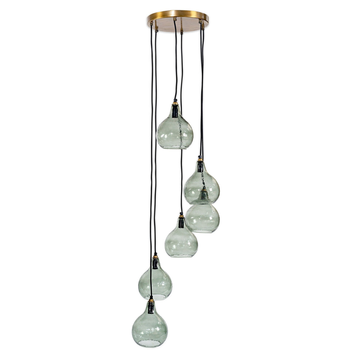 Ziva Statement Six Drop Recycled Glass Cluster Pendant in Aged Brass with Light Smoke Green Glass Shades