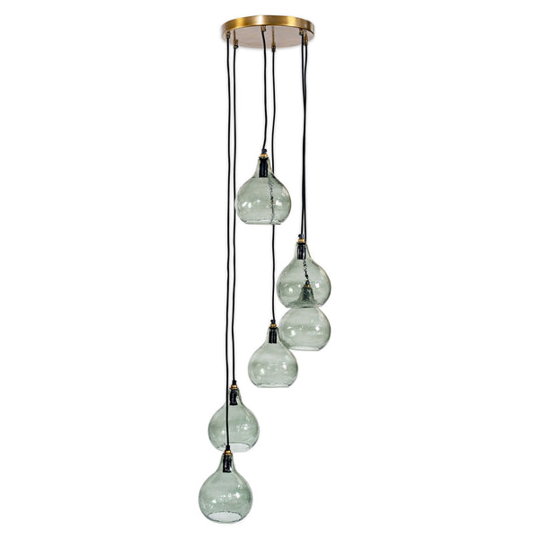 Ziva Statement Six Drop Recycled Glass Cluster Pendant in Aged Brass with Light Smoke Green Glass Shades