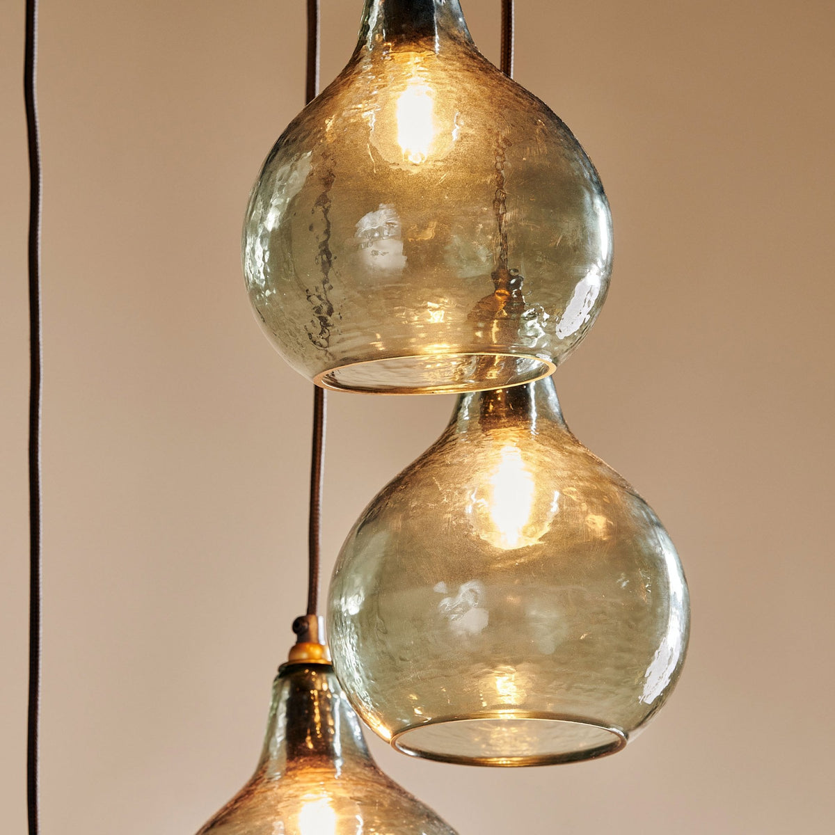 Ziva Statement Six Drop Recycled Glass Cluster Pendant in Aged Brass with Light Smoke Green Glass Shades