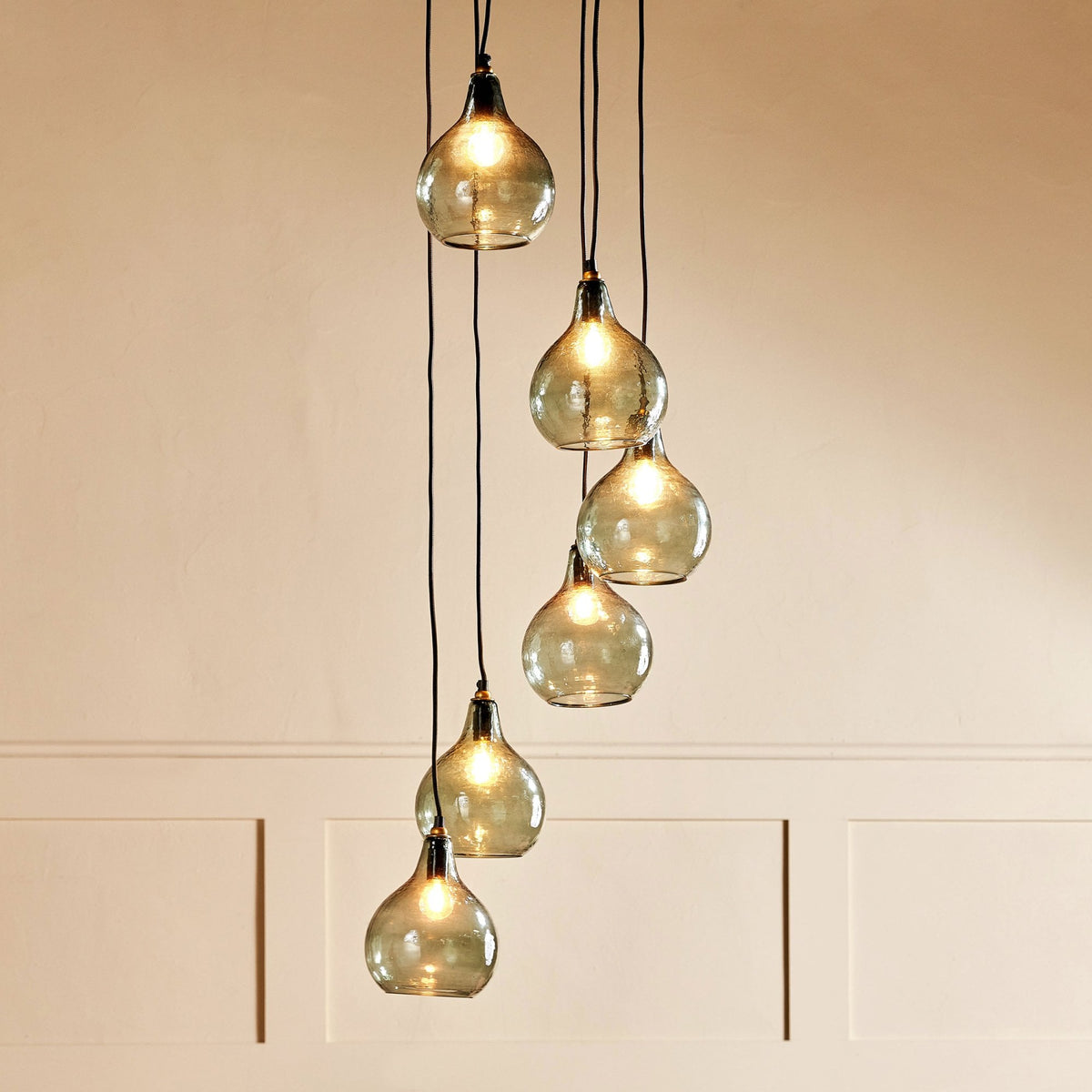 Ziva Statement Six Drop Recycled Glass Cluster Pendant in Aged Brass with Light Smoke Green Glass Shades