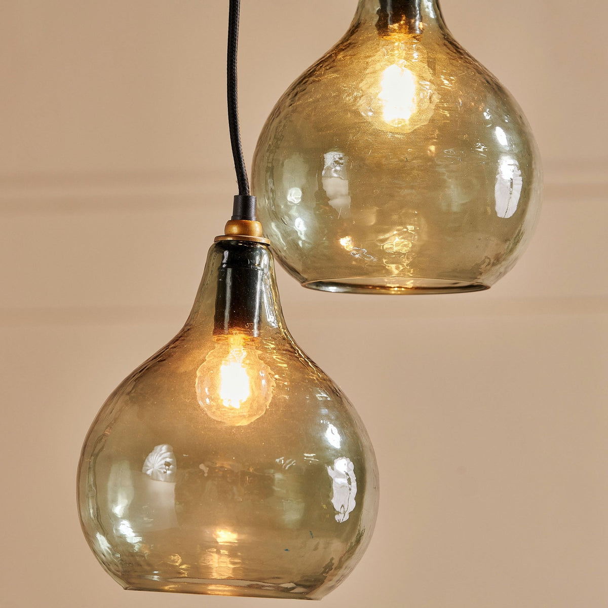 Ziva Statement Six Drop Recycled Glass Cluster Pendant in Aged Brass with Light Smoke Green Glass Shades