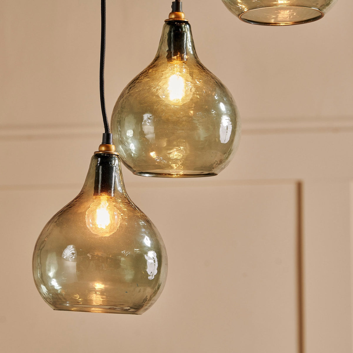 Ziva Statement Six Drop Recycled Glass Cluster Pendant in Aged Brass with Light Smoke Green Glass Shades