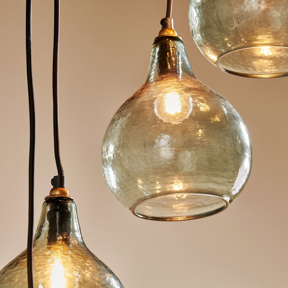Ziva Statement Six Drop Recycled Glass Cluster Pendant in Aged Brass with Light Smoke Green Glass Shades