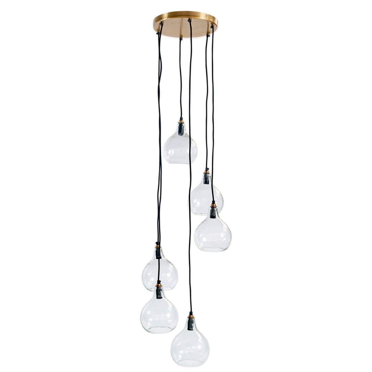 Ziva Statement Six Drop Recycled Glass Cluster Pendant in Aged Brass with Clear Glass Shades