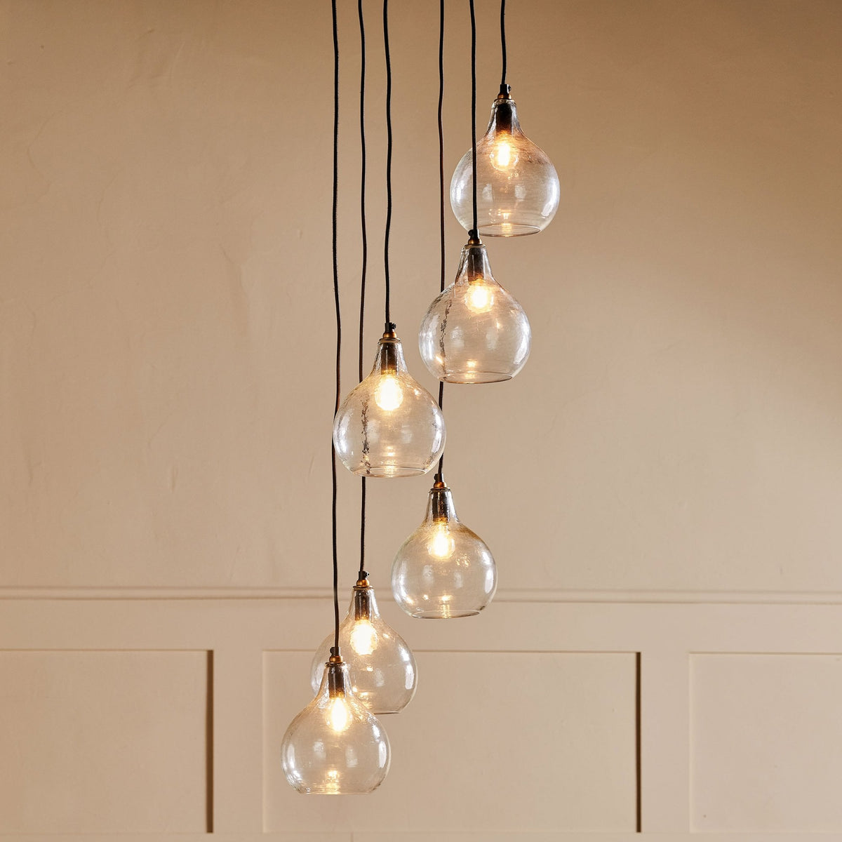 Ziva Statement Six Drop Recycled Glass Cluster Pendant in Aged Brass with Clear Glass Shades