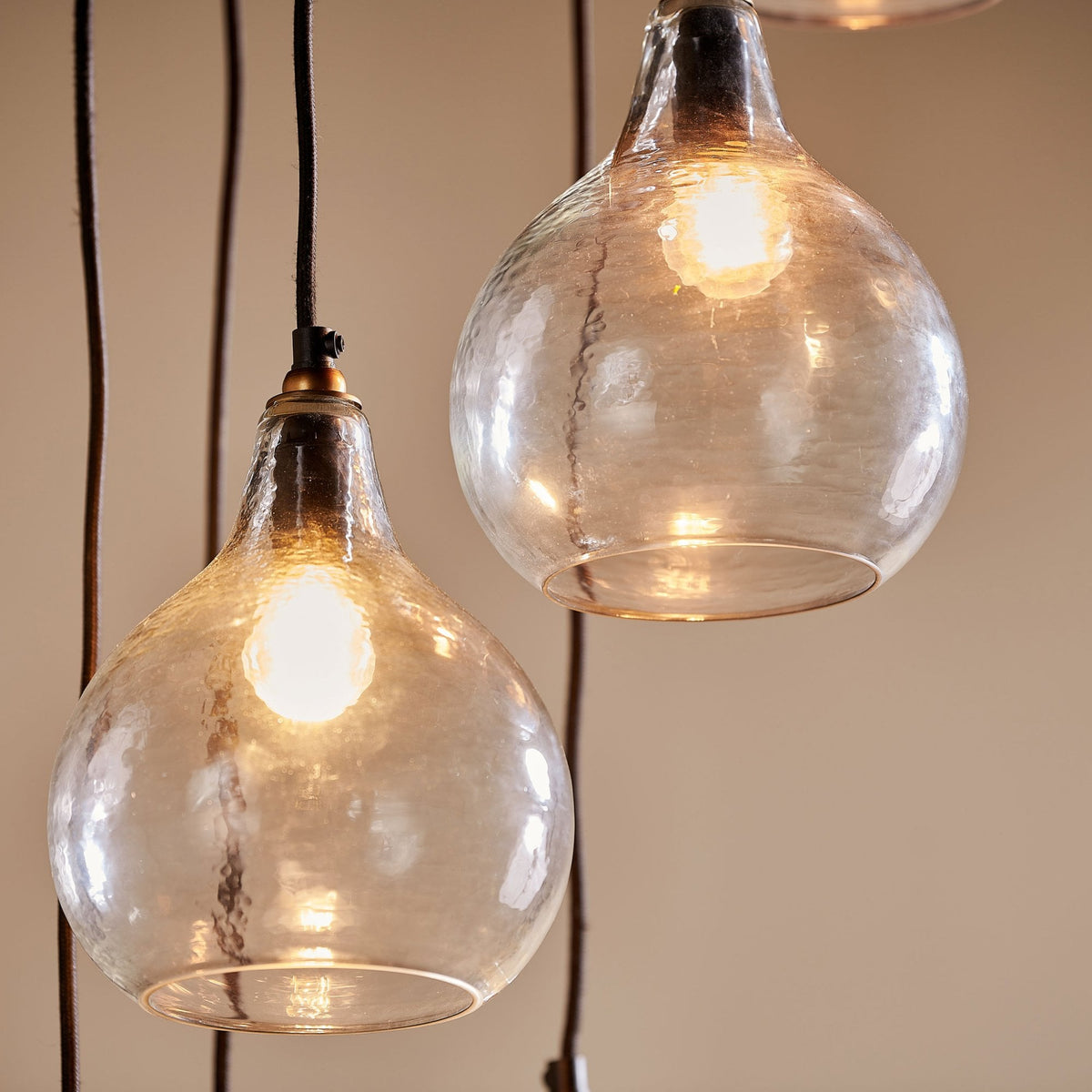 Ziva Statement Six Drop Recycled Glass Cluster Pendant in Aged Brass with Clear Glass Shades