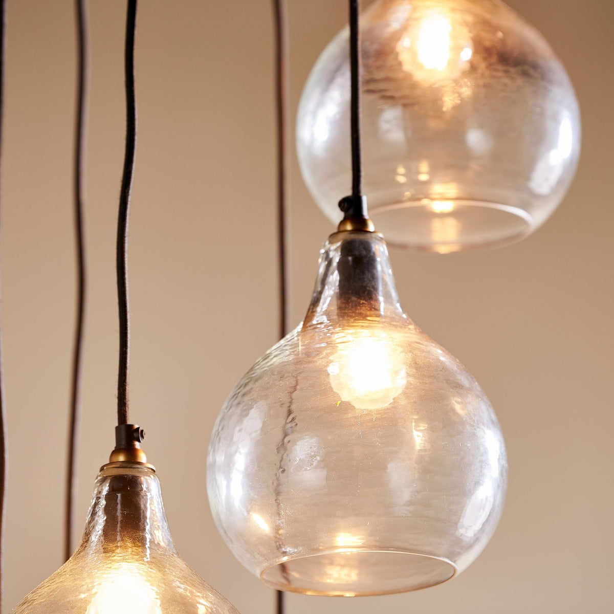 Ziva Statement Six Drop Recycled Glass Cluster Pendant in Aged Brass with Clear Glass Shades